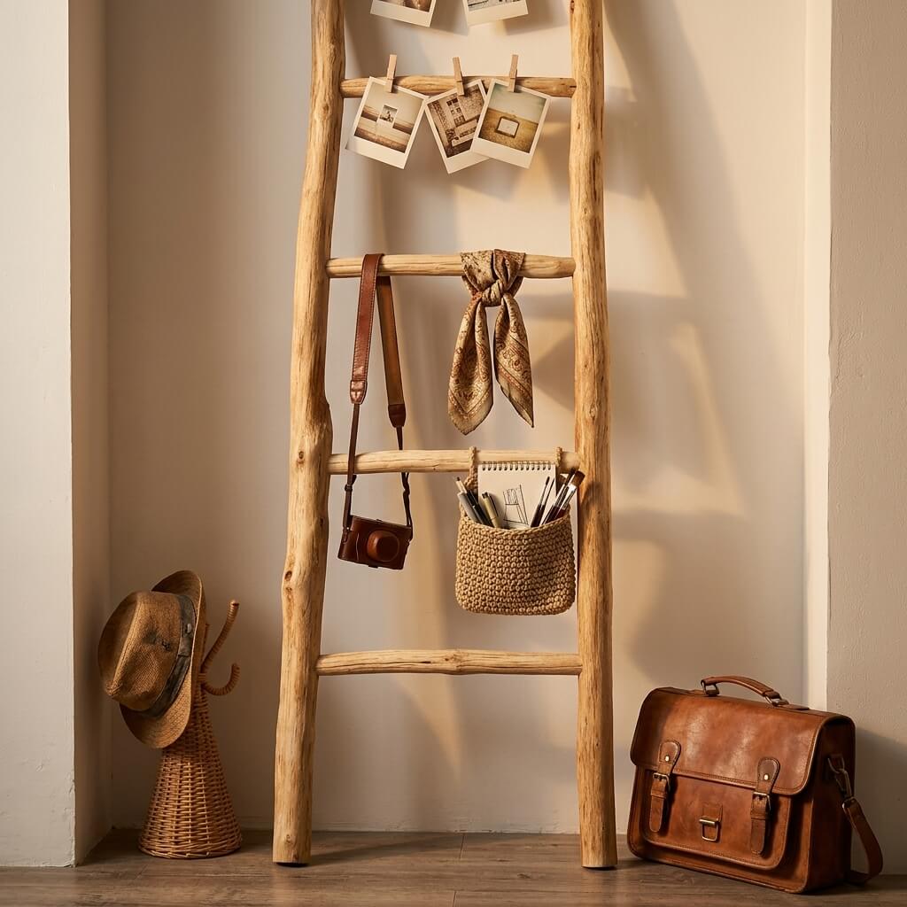 Rustic Natural Wood Blanket Ladder