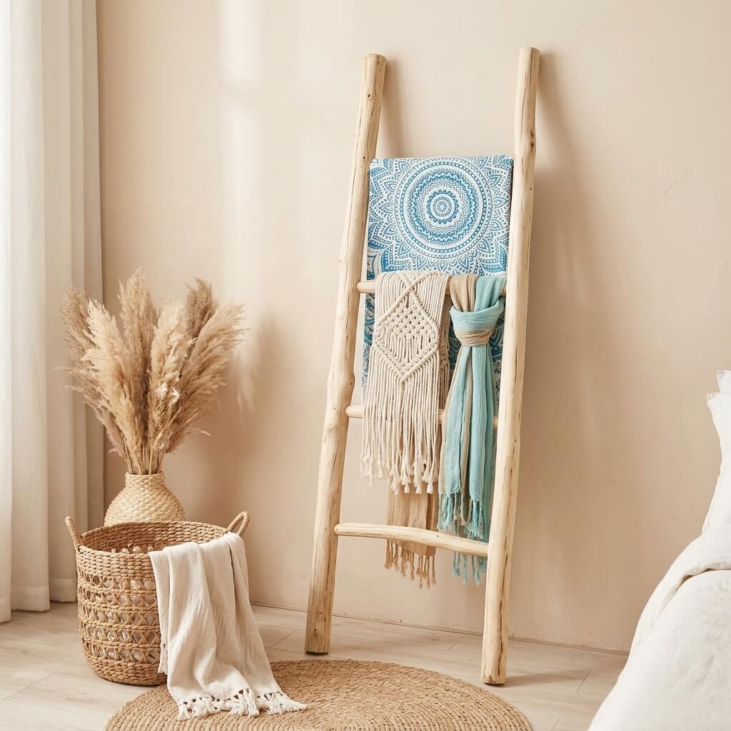 Rustic Natural Wood Blanket Ladder
