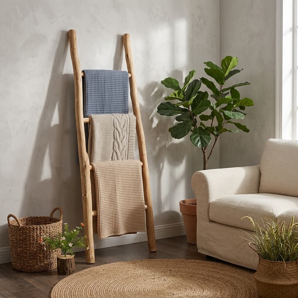 Rustic Natural Wood Blanket Ladder